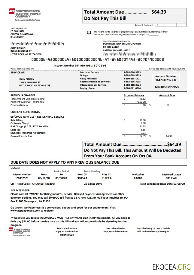 USA Louisiana AEP (Southwestern Electric Power Company) electricity utility bill template in Word and PDF format